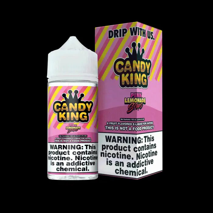 Candy King e-liquid bottle and packaging featuring pink lemonade flavor.