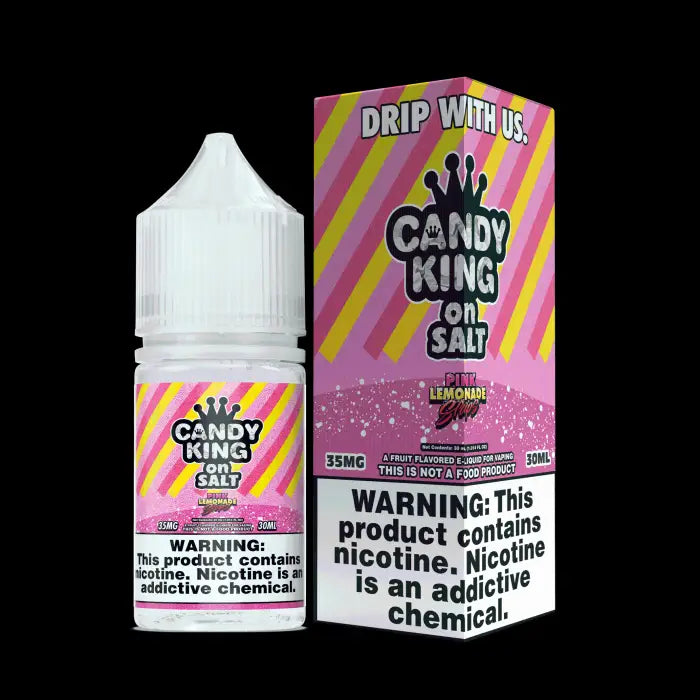 Bottle of ’Candy King on Salt’ e-liquid with colorful packaging featuring diagonal stripes and a crown logo.