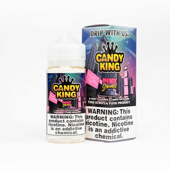 Vape juice bottle and packaging labeled ’Candy King’ with colorful graphics and warning labels.