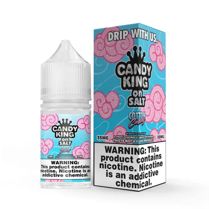 E-liquid bottle and packaging for ’Candy King on Salt’ cotton candy flavor vape juice.