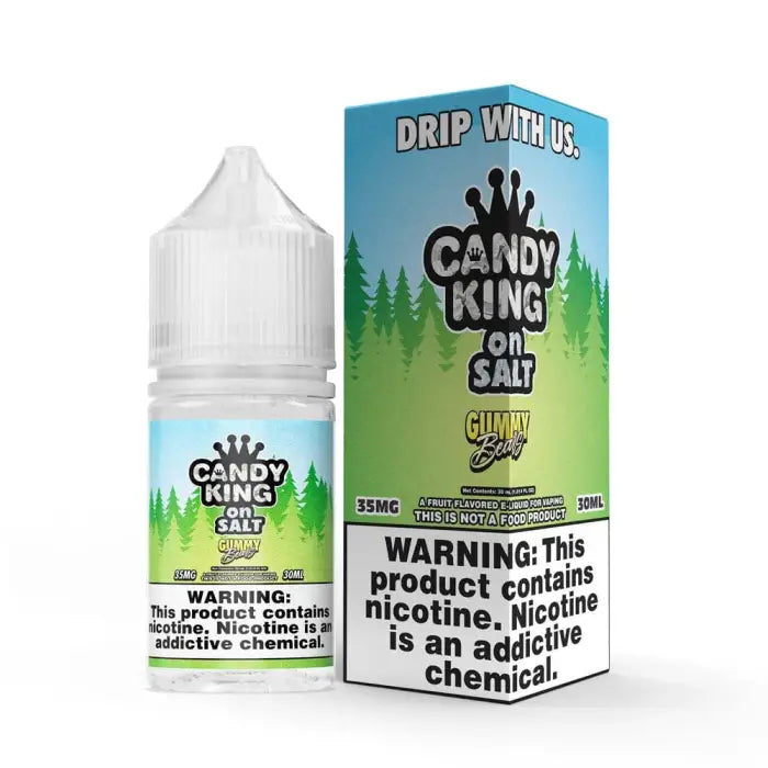 E-liquid bottle and packaging for ’Candy King on Salt’ vape juice in gummy bear flavor.