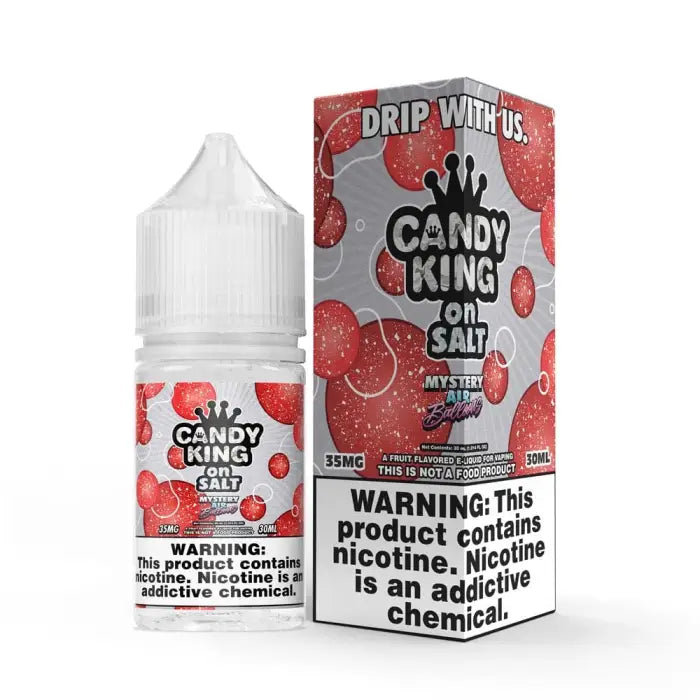 E-liquid bottle and packaging for ’Candy King on Salt’ strawberry-flavored vape juice.