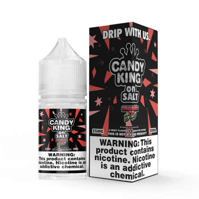 E-liquid bottle and packaging for ’Candy King on Salt’ strawberry watermelon flavor.