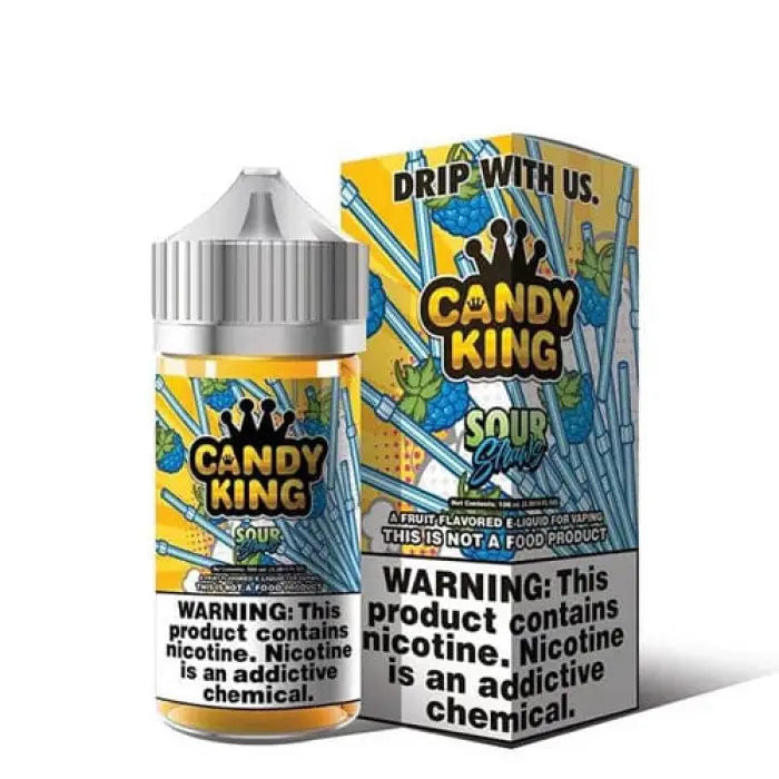 E-liquid bottle and packaging for ’Candy King’ sour-flavored vape juice.