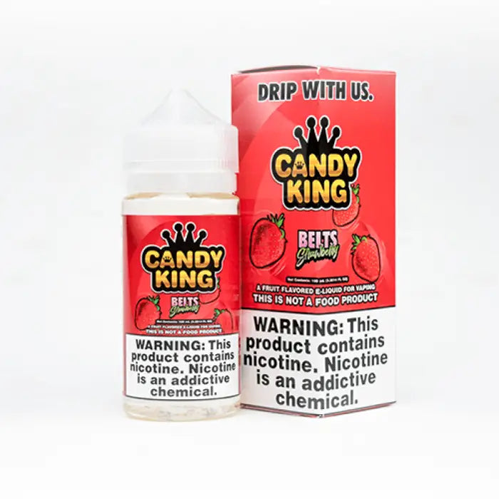 Bottle of e-liquid or vape juice labeled ’Candy King’ with strawberry flavor imagery.