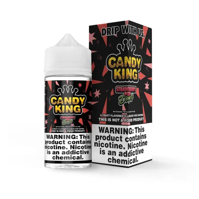 E-liquid bottle and packaging for ’Candy King’ strawberry watermelon flavor vape juice.