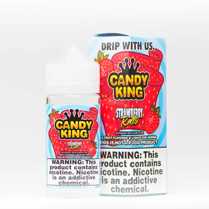 Candy King strawberry-flavored e-liquid product with warning labels about nicotine content.