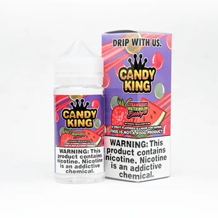 Colorful e-liquid bottle and packaging for ’Candy King’ brand vape juice with a strawberry watermelon flavor.