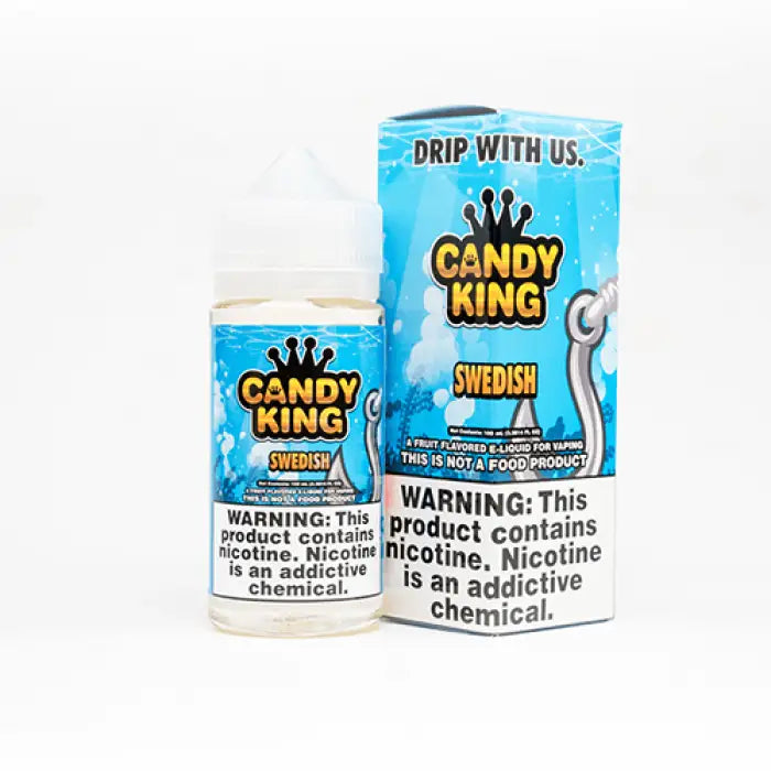 E-liquid or vape juice bottle with ’Candy King Swedish’ branding and a warning label about nicotine.