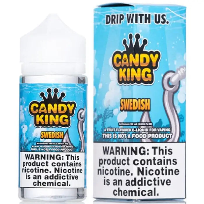 E-liquid bottle and packaging for ’Candy King Swedish’ vape juice.