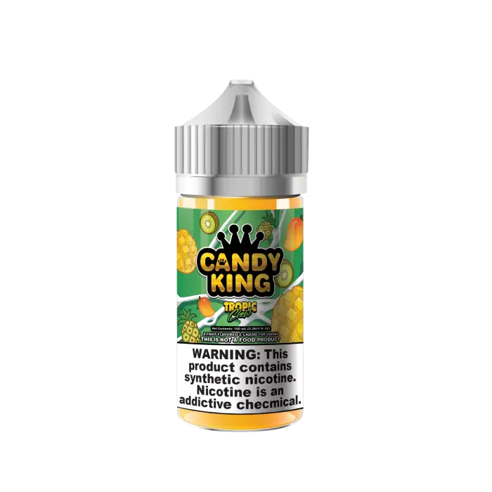 Bottle of ’Candy King’ e-liquid with a lemon-lime flavor design on the label.