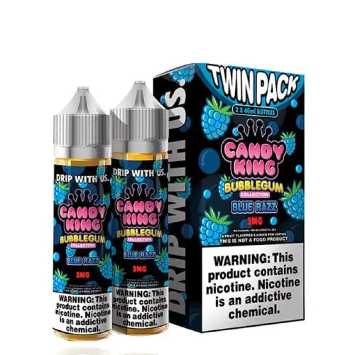 Twin pack of Candy King Bubblegum Blue Razz e-liquid bottles with packaging.