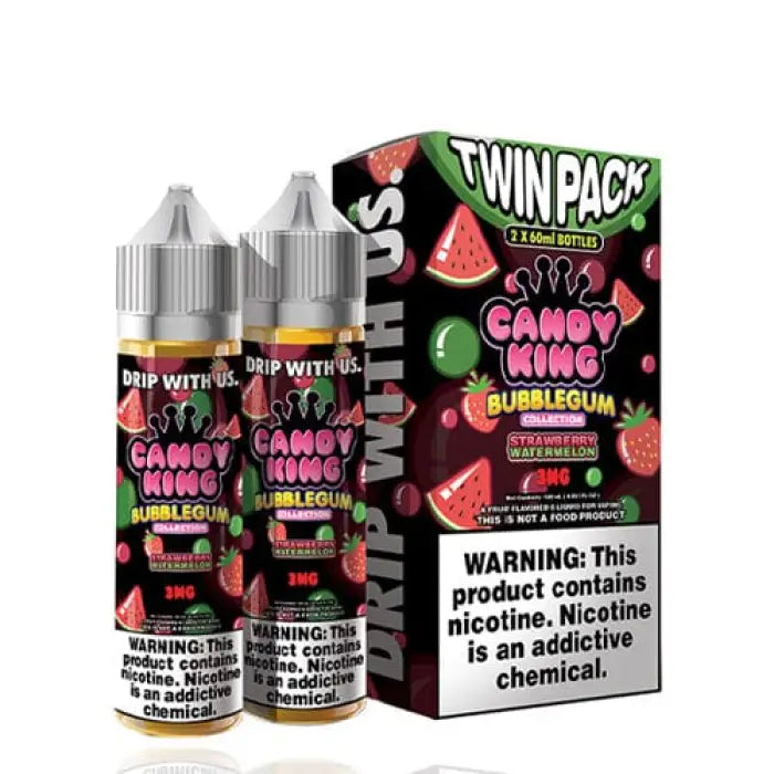 Twin pack of Candy King Bubblegum e-liquid with watermelon and strawberry flavors.