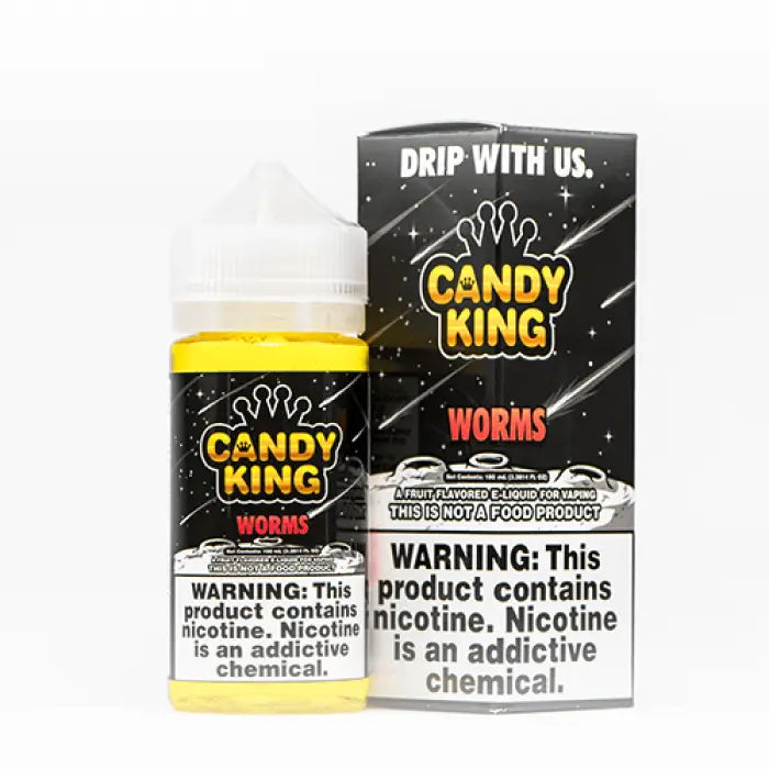 Vape juice bottle and packaging labeled ’Candy King Worms’ with nicotine warnings.