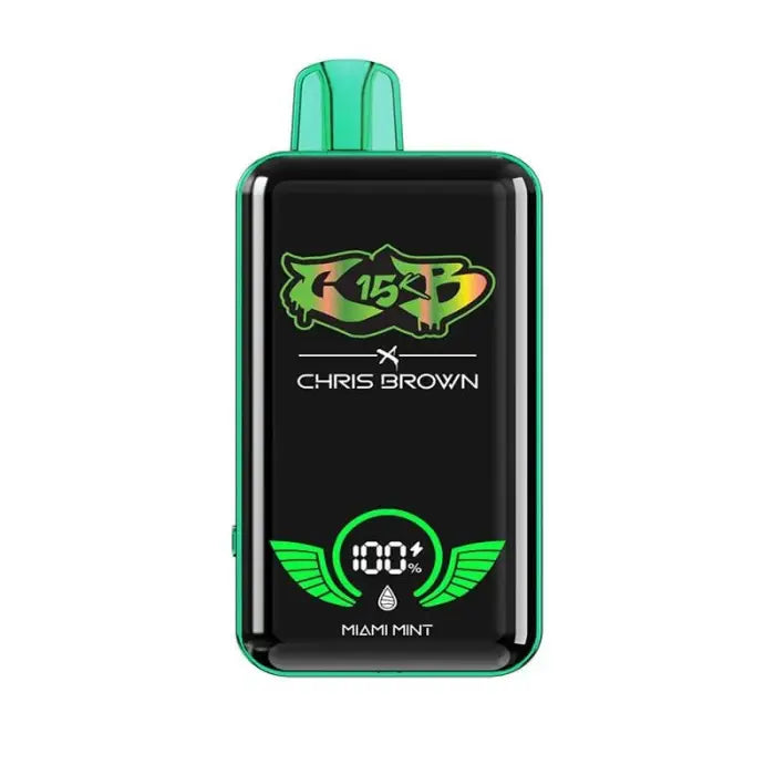 Teal and black electronic vaping device with a display screen showing ’Chris Brown’ and a battery indicator.