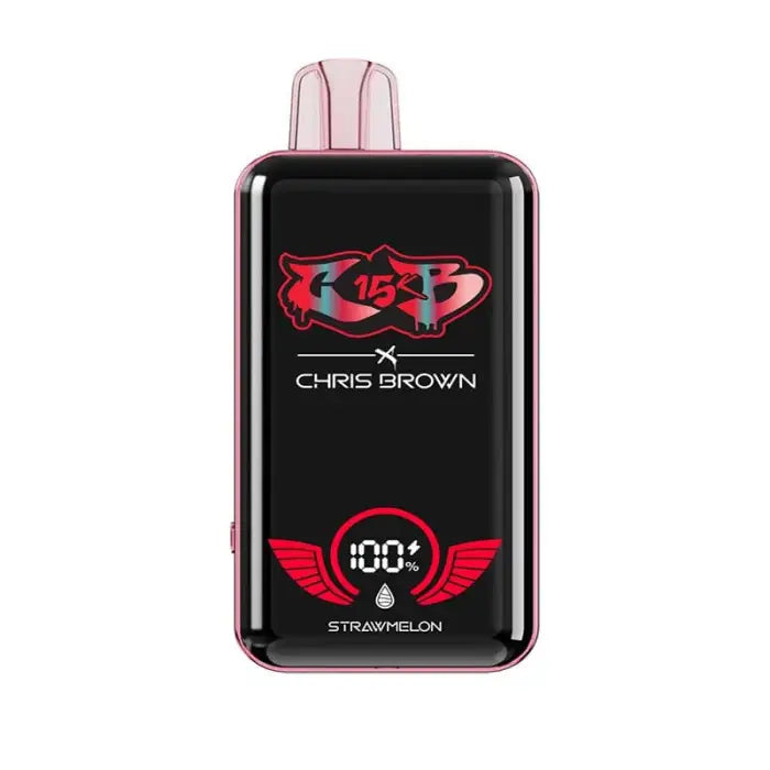 Vape device with a digital display showing ’KISS’ logo and Chris Brown branding.