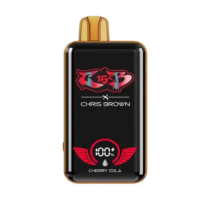 Electronic vaping device with a black display showing ’FUBAR’ and ’Chris Brown’ branding.