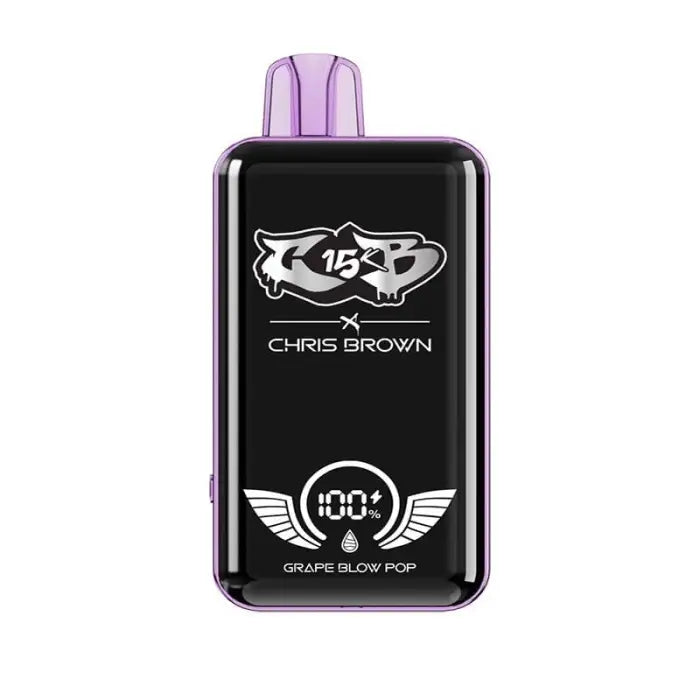 Electronic vaping device with a black display screen and purple accents.