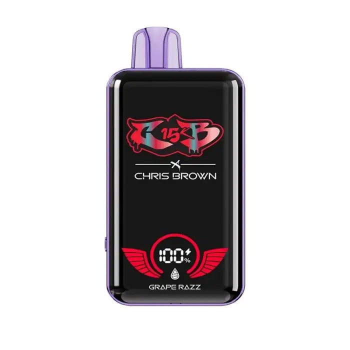 Electronic vaping device with a black display showing ’Chris Brown’ and ’Grape Razz’ flavor.