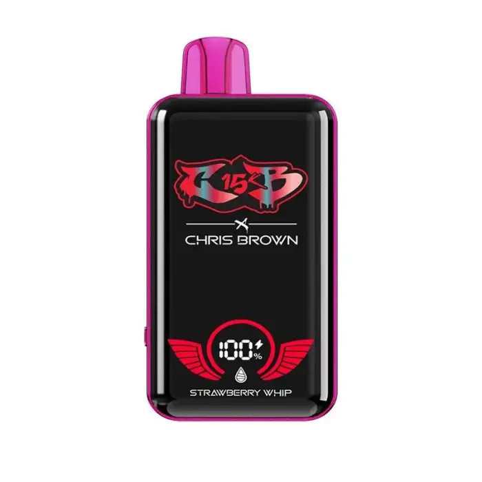 Pink and black electronic vaping device featuring Chris Brown branding and a strawberry whip flavor indicator.