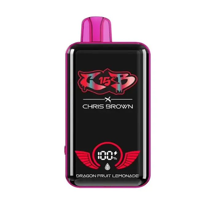 Pink and black electronic vaping device with a display screen showing ’KISS’ and ’Chris Brown’ branding.