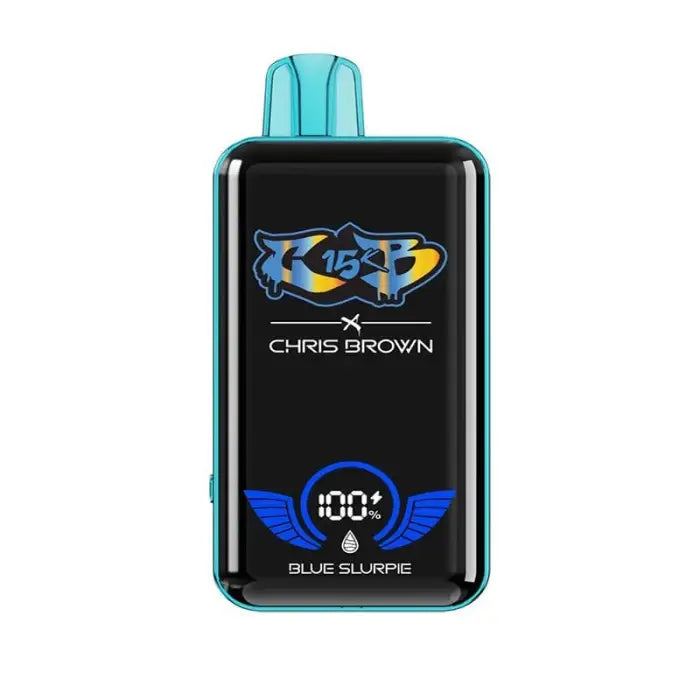 Teal-colored electronic vaping device with a digital display showing ’BLUE SLURPEE’ and ’CHRIS BROWN’ branding.