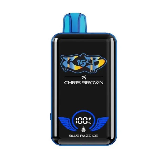 Blue and black electronic vaping device with a digital display showing ’BLUE RAZZ ICE’ and ’Chris Brown’ branding.