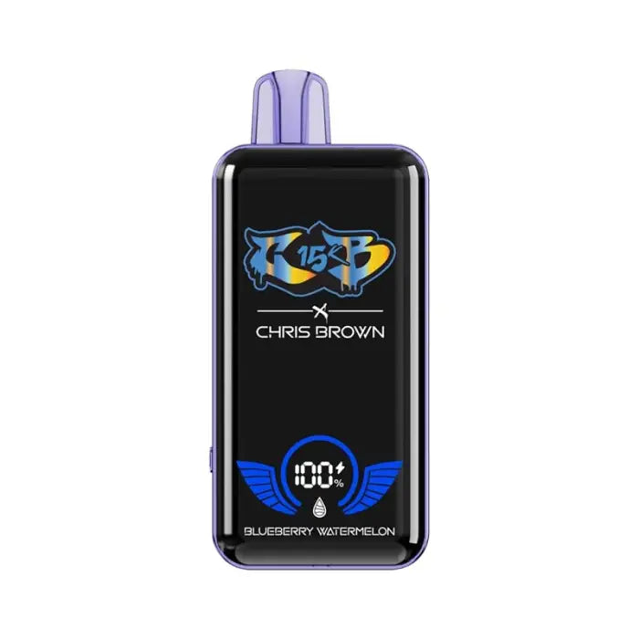 Purple electronic vaping device with a digital display showing ’KUSH’ and ’CHRIS BROWN’ branding.