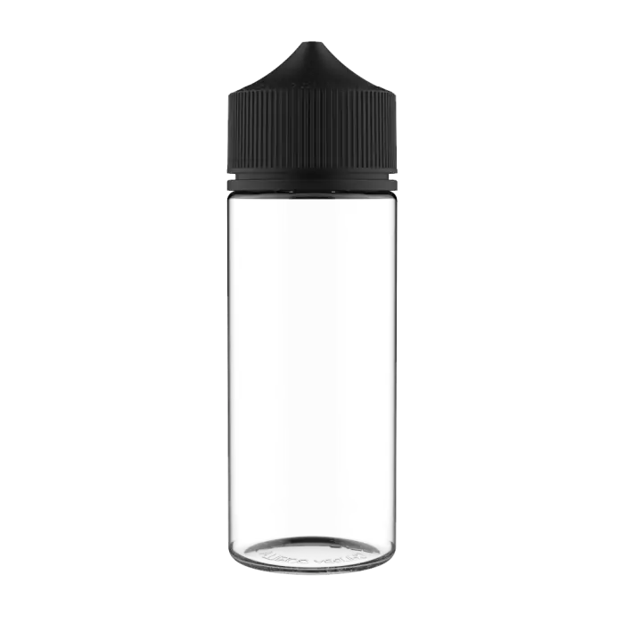 Clear glass bottle with a black ribbed cap.