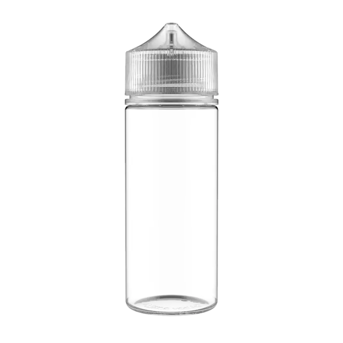 Clear plastic bottle with a ribbed cap.