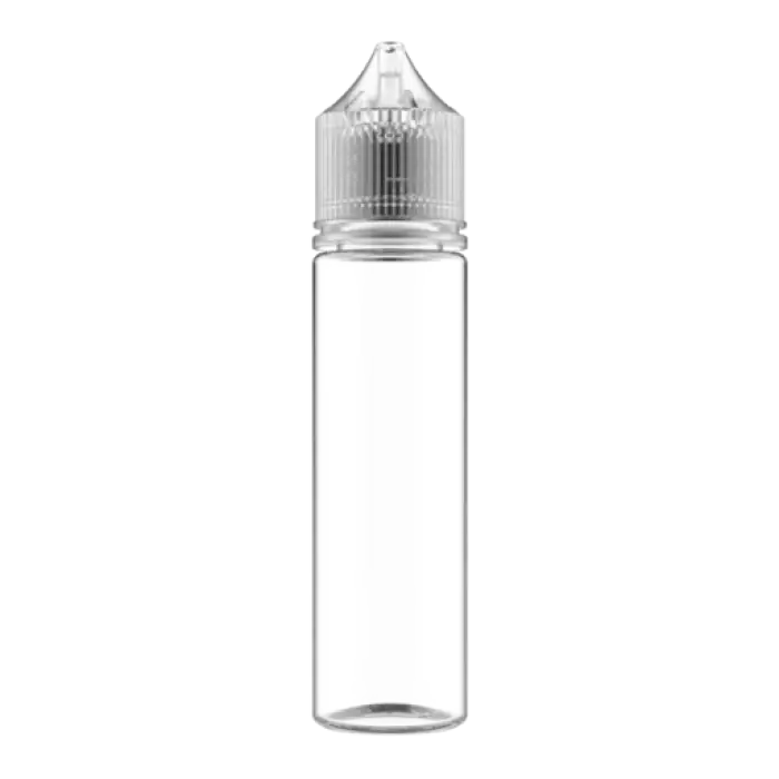 Clear glass bottle with a ribbed plastic cap and dropper top.