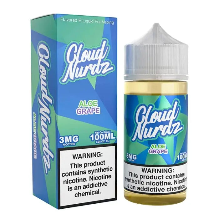 E-liquid bottle and packaging for ’Cloud Nurdz’ brand in Aloe Grape flavor.