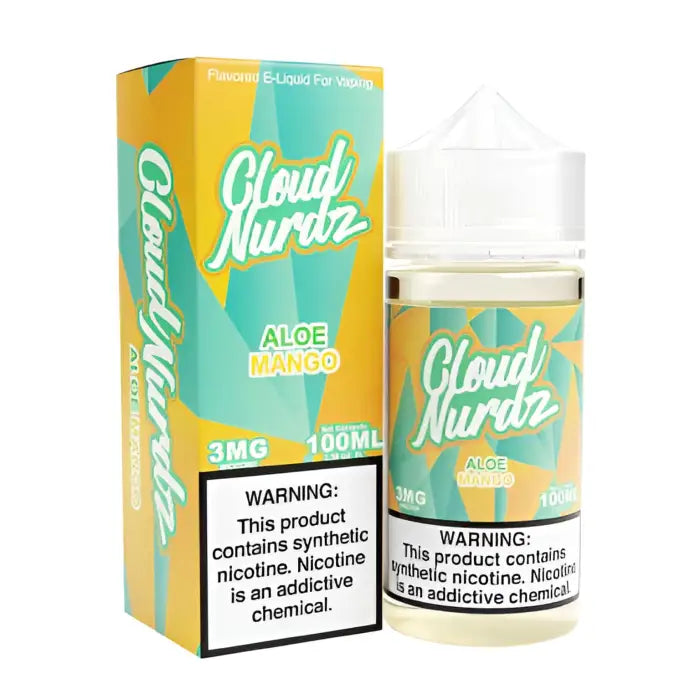 E-liquid bottle and packaging for ’Cloud Nurdz’ vape juice in Aloe Mango flavor.