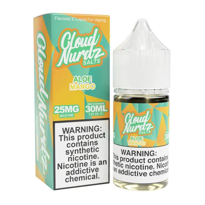 Bottle of Cloud Nurdz Salts e-liquid in Aloe Mango flavor with its packaging box.