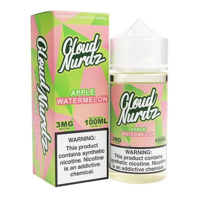 E-liquid bottle and packaging for ’Cloud Nurdz’ Apple Watermelon flavor vape juice.