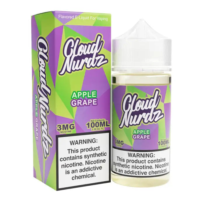 E-liquid bottle and packaging for ’Cloud Nurdz’ Apple Grape flavor vape juice.