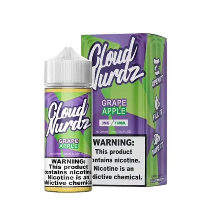 E-liquid bottle and packaging for Cloud Nurdz Grape Apple flavor vape juice.