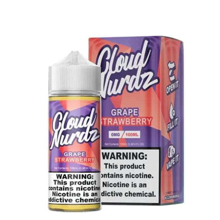 E-liquid bottle and packaging for Cloud Nurdz Grape Strawberry flavor vape juice.