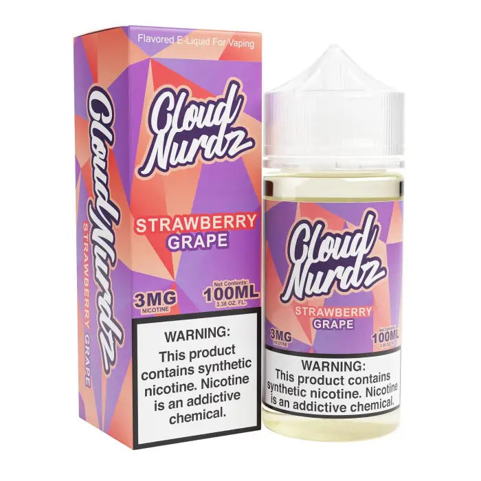 E-liquid bottle and packaging for Cloud Nurdz Strawberry Grape flavor vape juice.