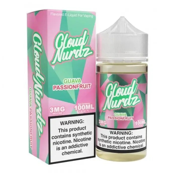 E-liquid bottle and packaging for Cloud Nurdz Guava Passionfruit flavor vape juice.