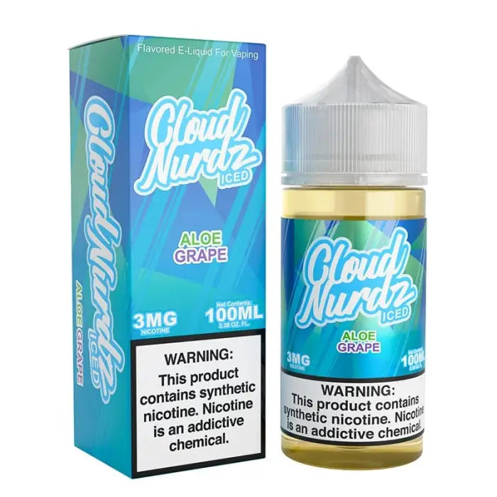 E-liquid bottle and packaging for ’Cloud Nurdz’ brand in Aloe Grape flavor.