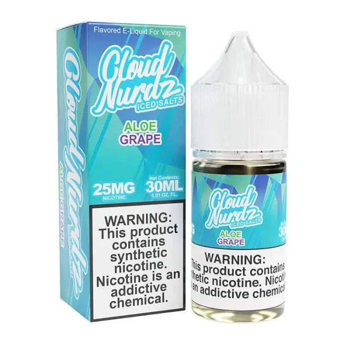 E-liquid bottle and packaging for Cloud Nurdz Aloe Grape flavor vape juice.