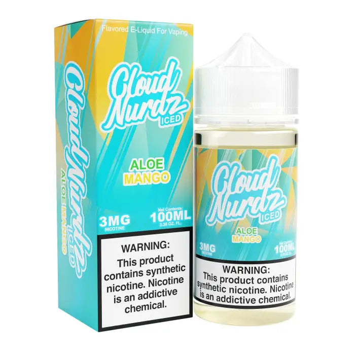 E-liquid bottle and packaging for ’Cloud Nurdz Iced Aloe Mango’ vape juice.