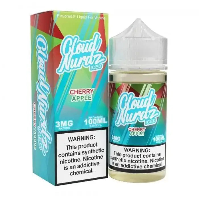 E-liquid bottle and packaging for Cloud Nurdz Cherry Apple flavor vape juice.