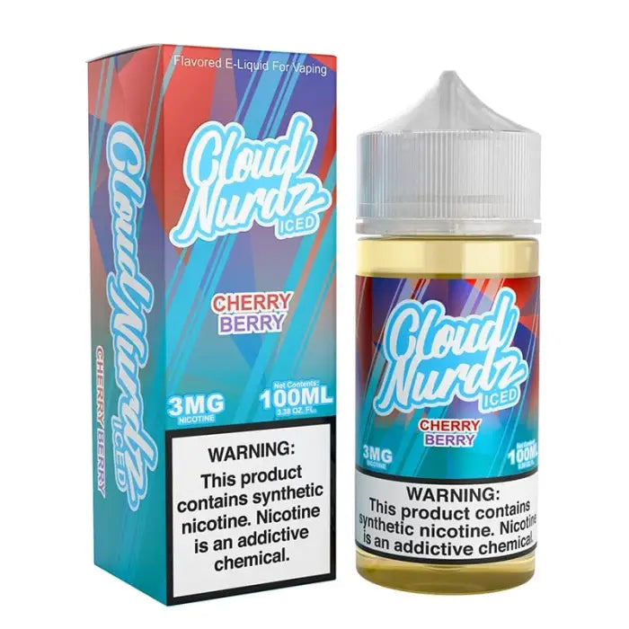 E-liquid bottle and packaging for Cloud Nurdz Cherry Berry vape juice.