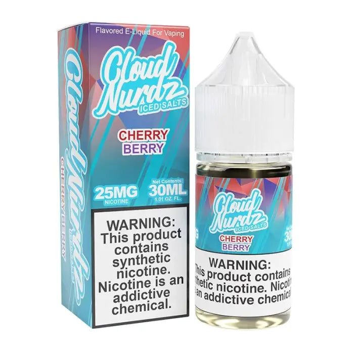 E-liquid bottle and packaging for Cloud Nurdz Cherry Berry vape juice with 25mg nicotine strength.