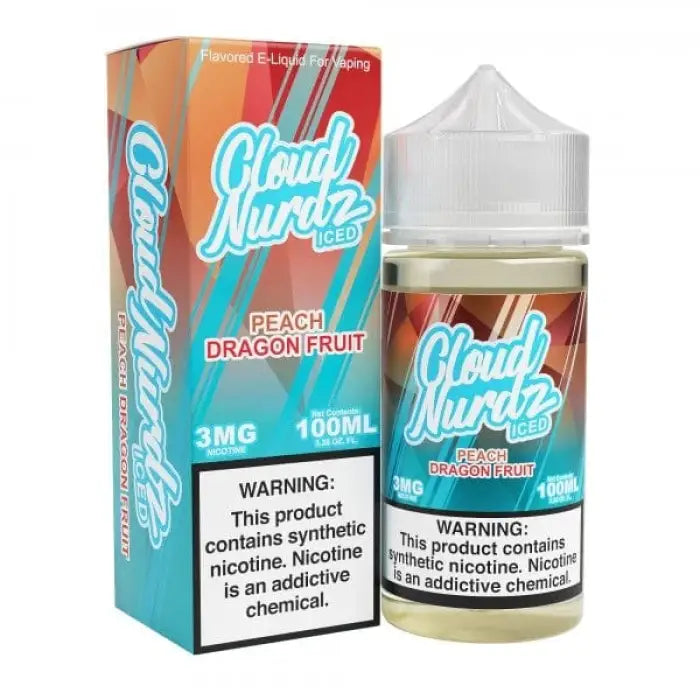 E-liquid bottle and packaging for ’Cloud Nurdz’ vape juice in Peach Dragon Fruit flavor.