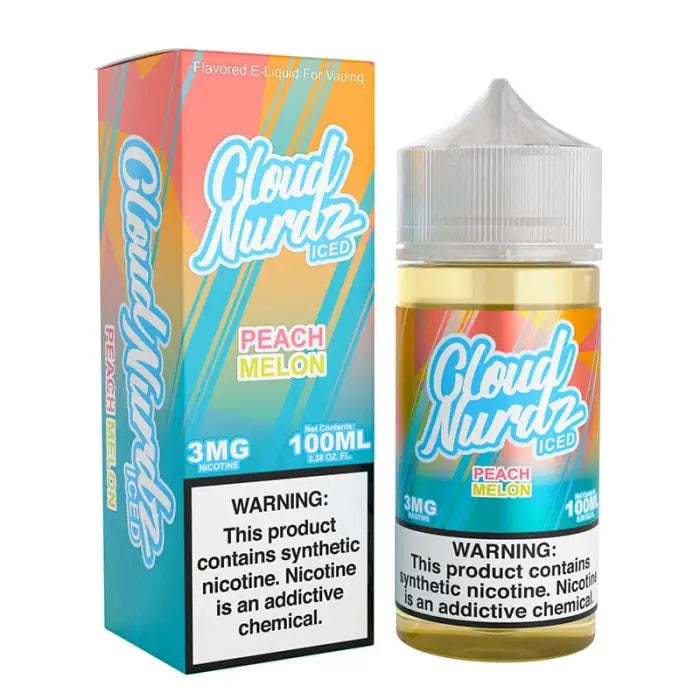 E-liquid bottle and packaging for ’Cloud Nurdz’ peach melon flavor vape juice.