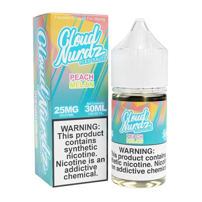 E-liquid bottle and packaging for ’Cloud Nurdz’ peach melon flavor vape juice.