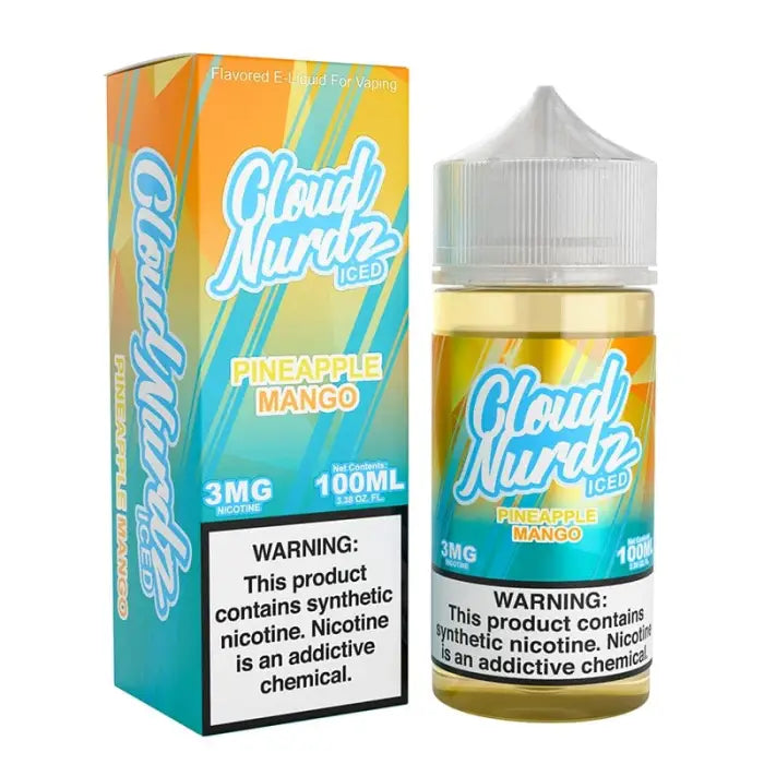 E-liquid bottle and packaging for Cloud Nurdz Pineapple Mango flavor vape juice.